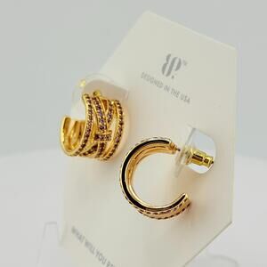 Bomb Party Hoop Earring “Luxe Is All You Need” Pink Corundum on Gold BOW Huggies